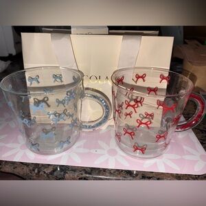 Glass Mug Set with Blue and Red Bow Accents